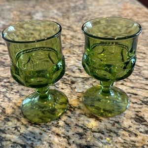 Vintage Two Indiana Glass Kings Crown Thumbprint green juice/cordial goblets.